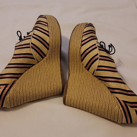 Tabitha Simmons Tie Striped Oxford Wedge Pink/Navy - Picture 3 of 7